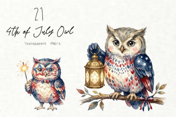 Watercolor 4th of July Owl Clipart PNG